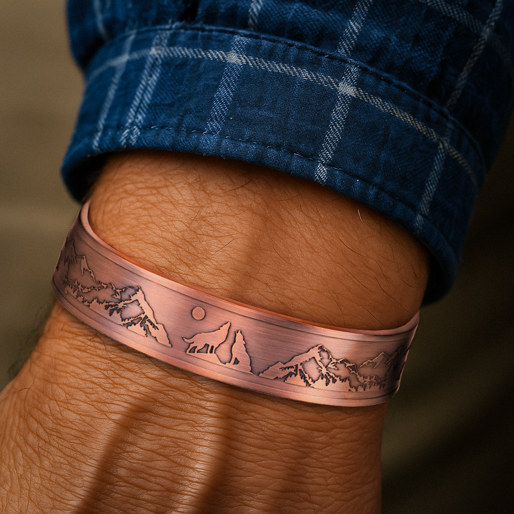 Men's Copper Wolf Magnetic Bangle Bracelet - New Design