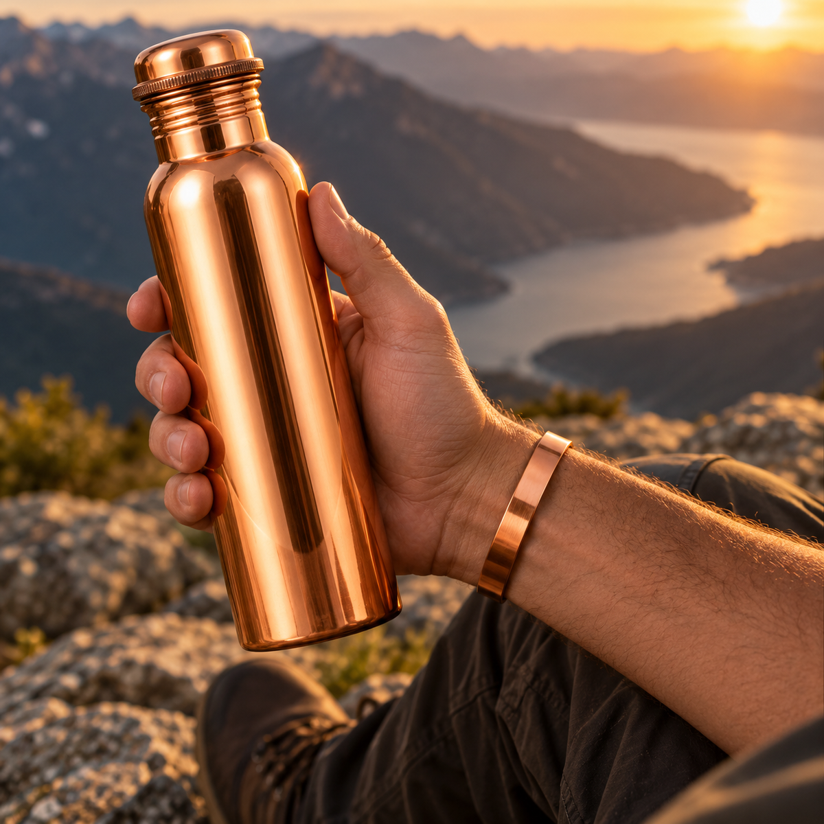 Pure Copper Bottle and Bracelet Set